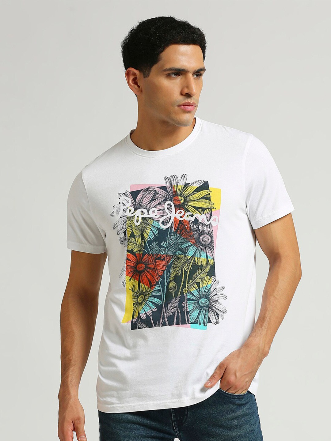 Pepe Jeans Graphic Printed Pure Cotton Applique Slim Fit T-shirt, White