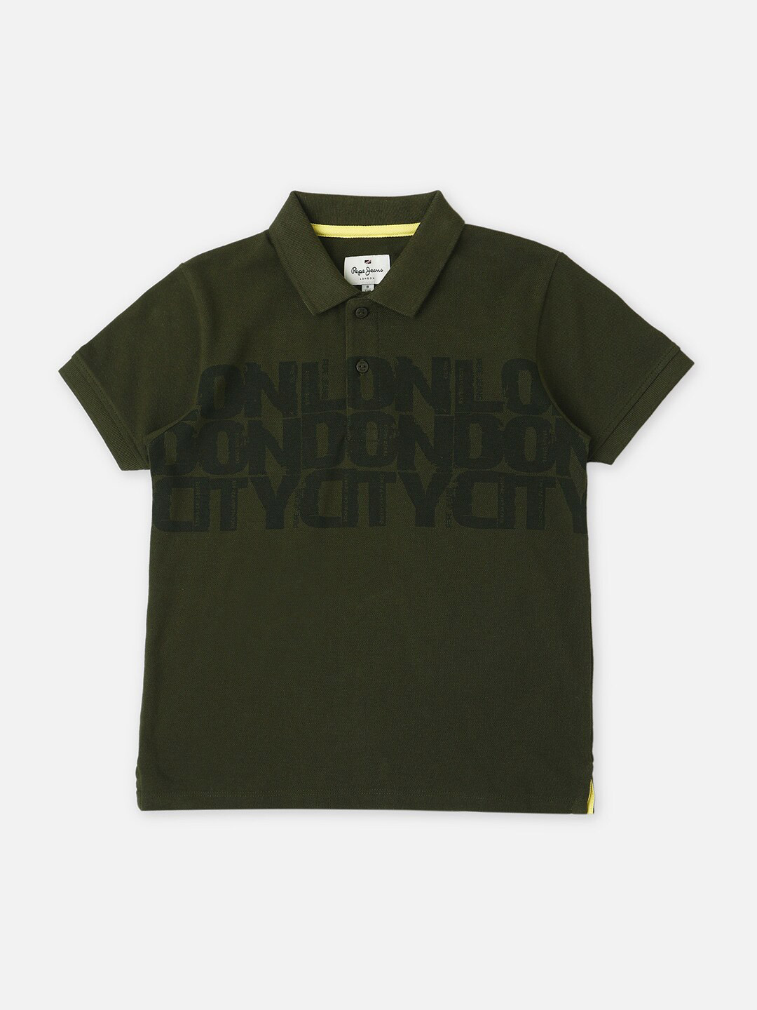 

Pepe Jeans Boys Typography Printed Polo Collar Pure Cotton T-shirt, Green