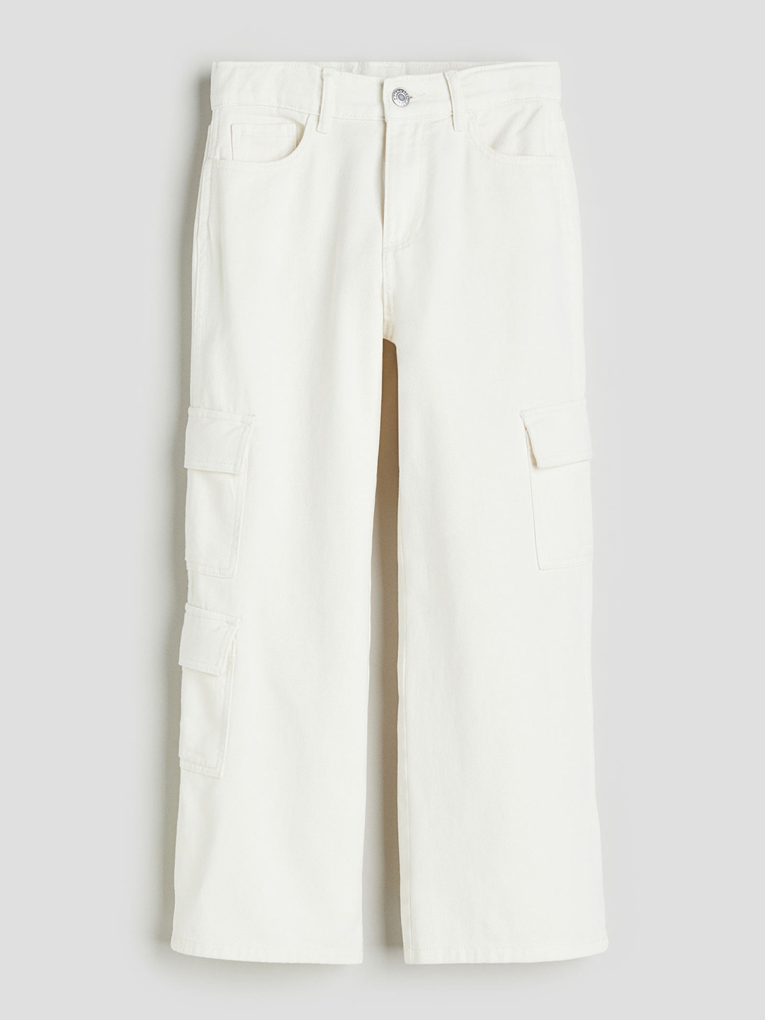 

H&M Girls Pure Cotton Loose Fit Wide Leg Cargo Jeans, White