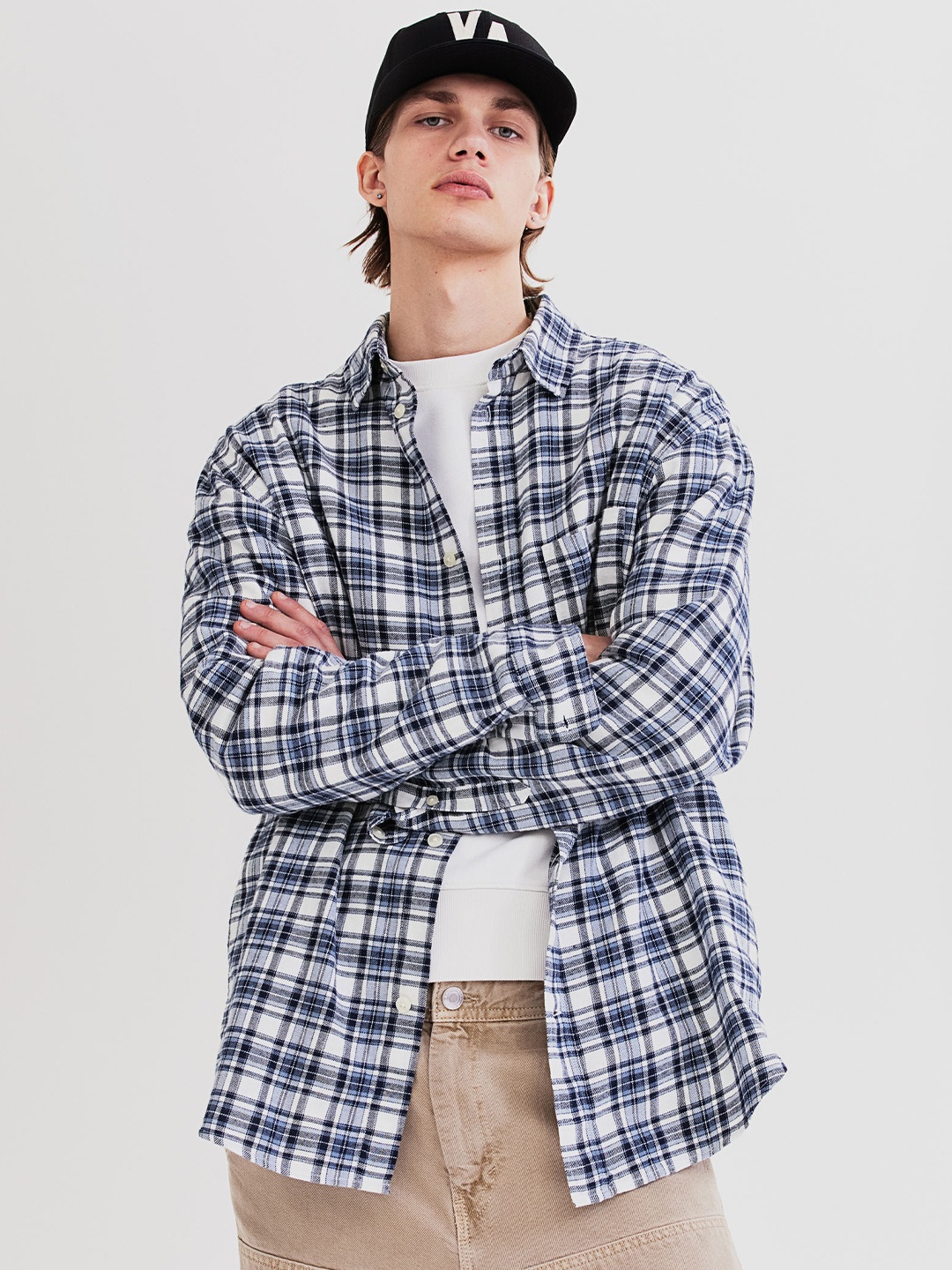 

H&M Loose Fit Flannel Shirt, Blue