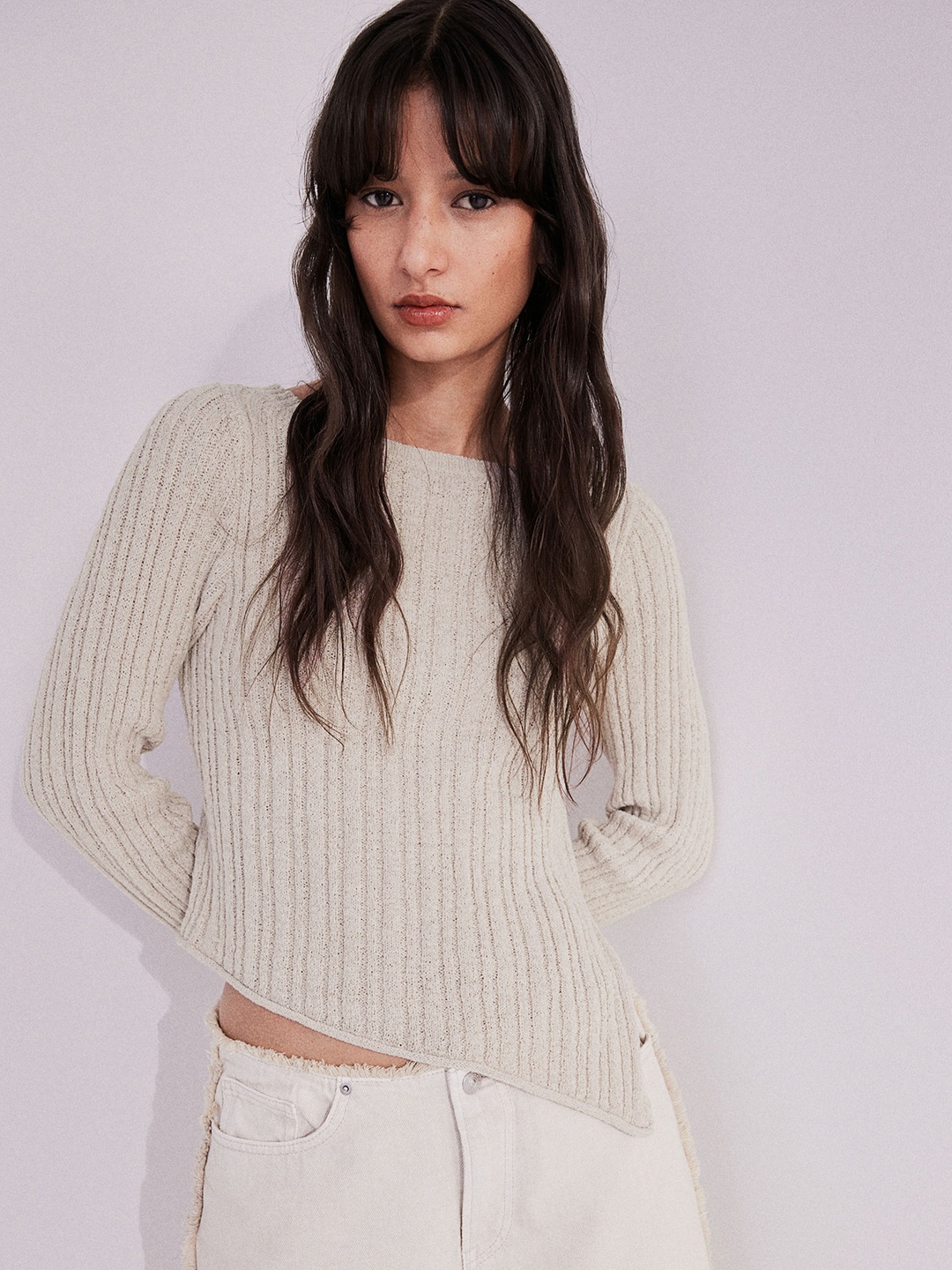 

H&M Asymmetric-Hem Rib-Knit Jumper, Beige