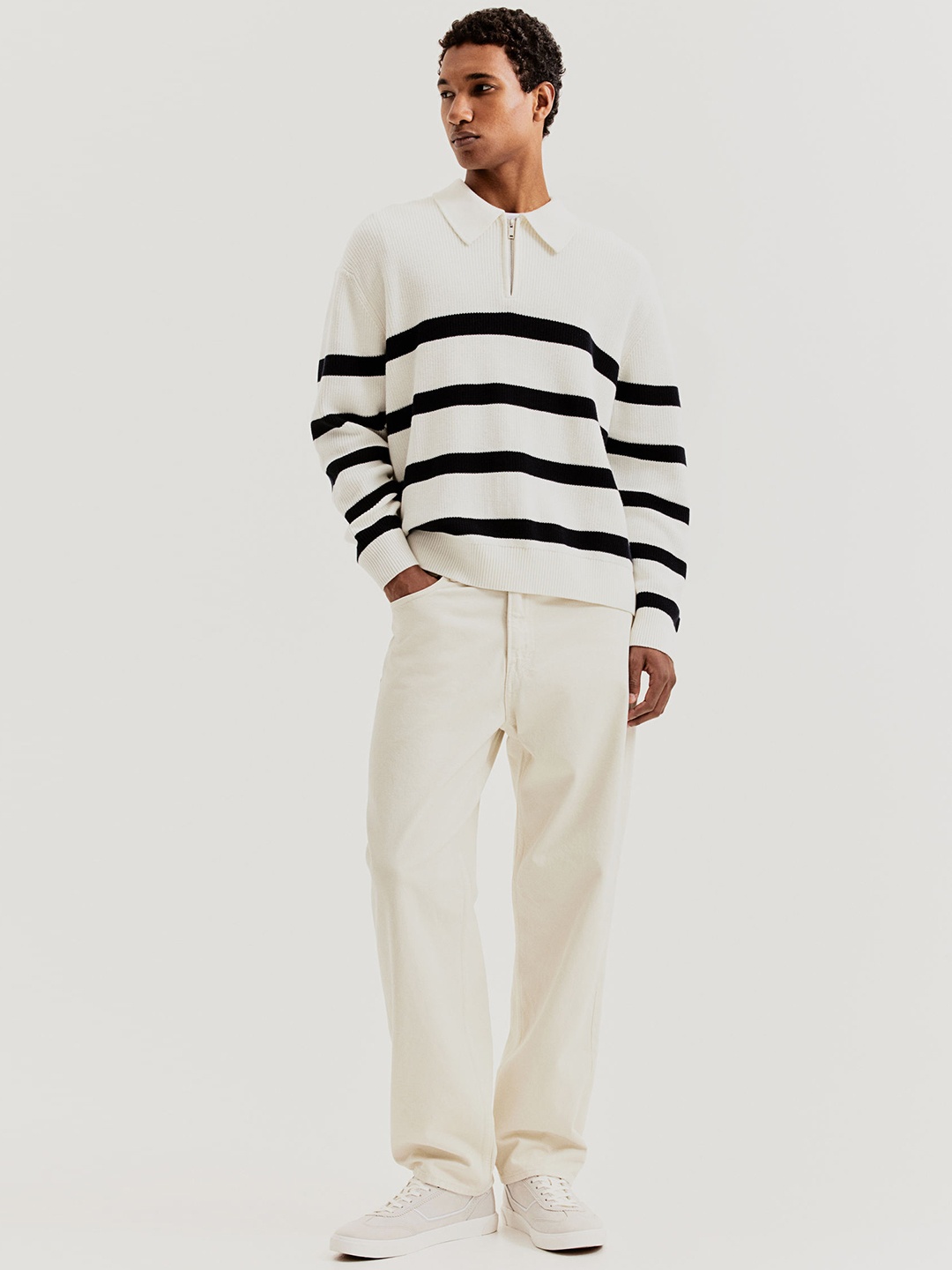 

H&M Pure Cotton Loose Fit Zip-Top Polo Jumper, White