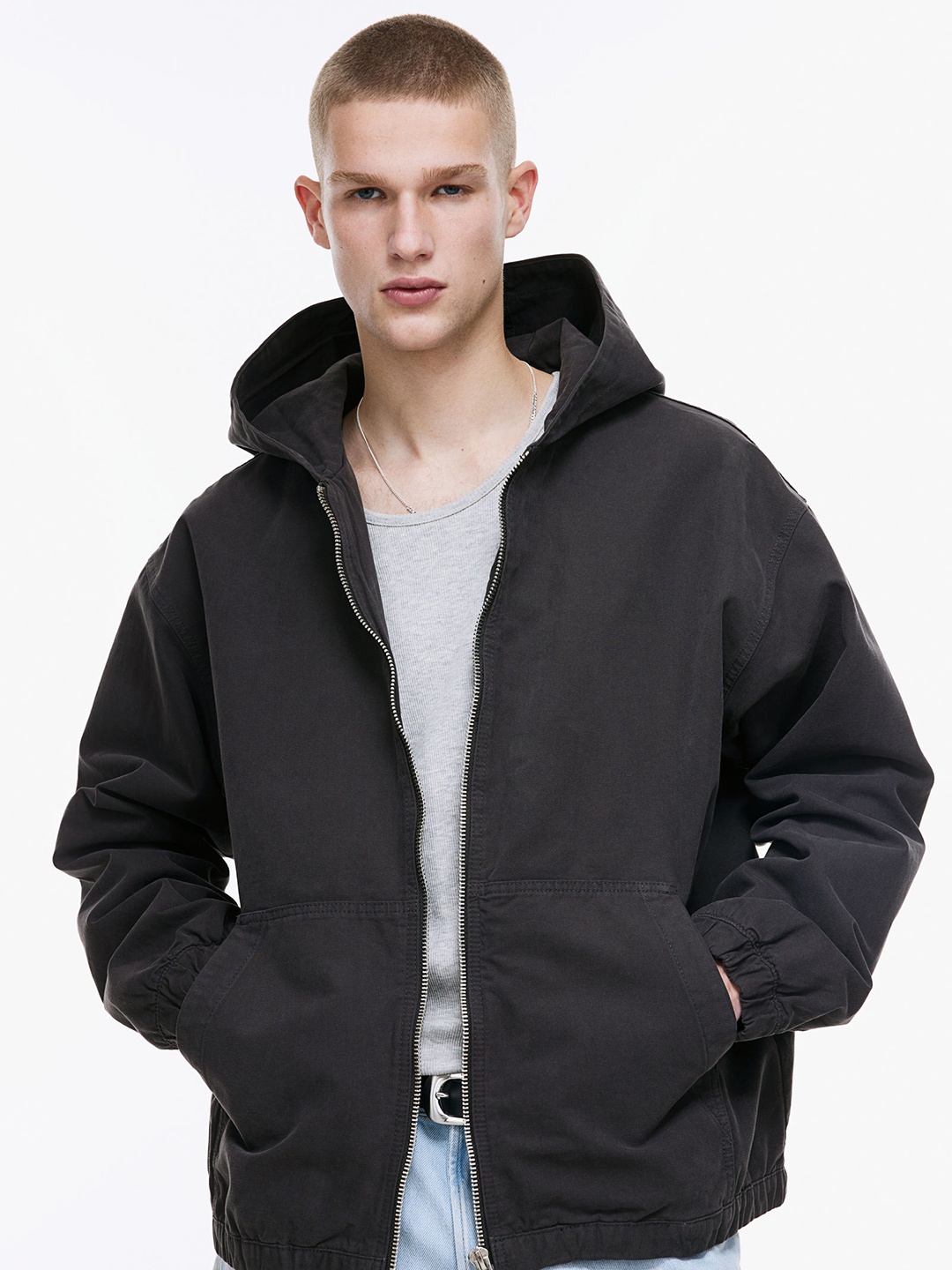 

H&M Loose Fit Hooded Canvas Jacket, Grey