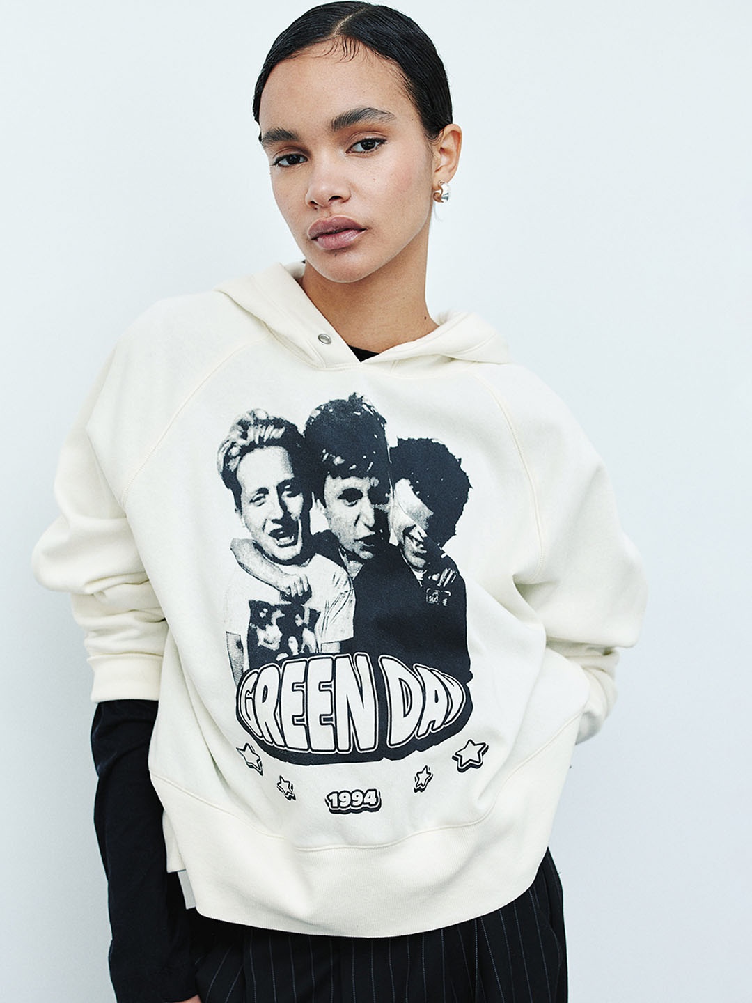 H&M Women Oversized Motif-Detail Hoodie, White