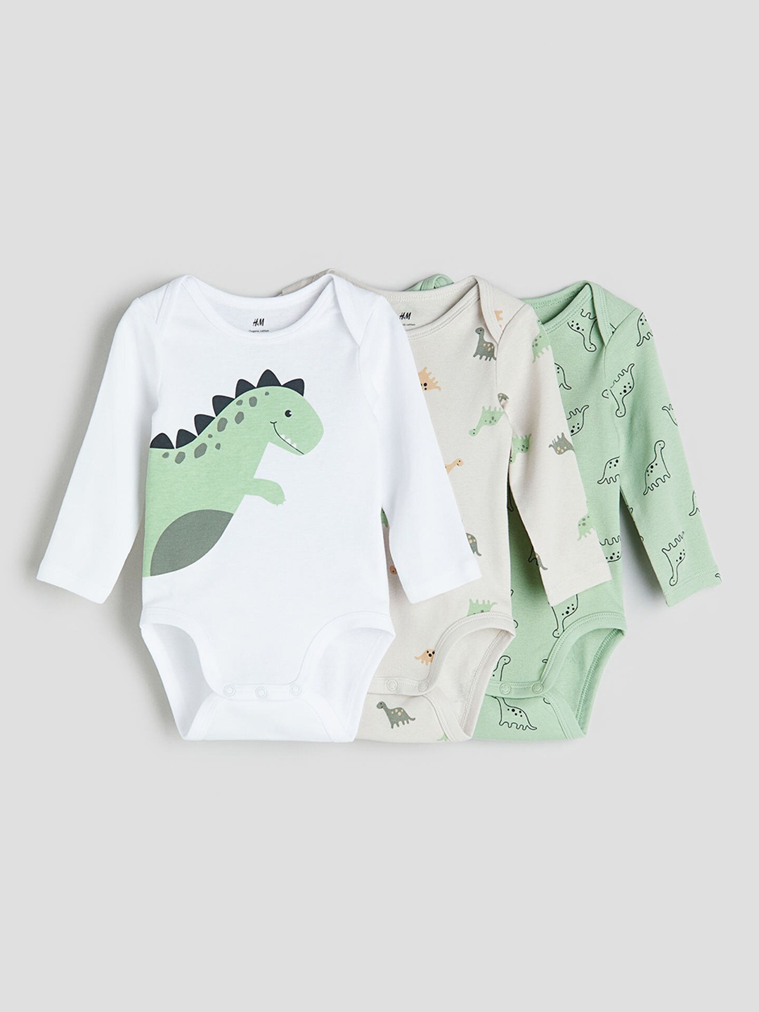 

H&M Boys Pure Cotton 3-Pack Long-Sleeved Bodysuits, Green