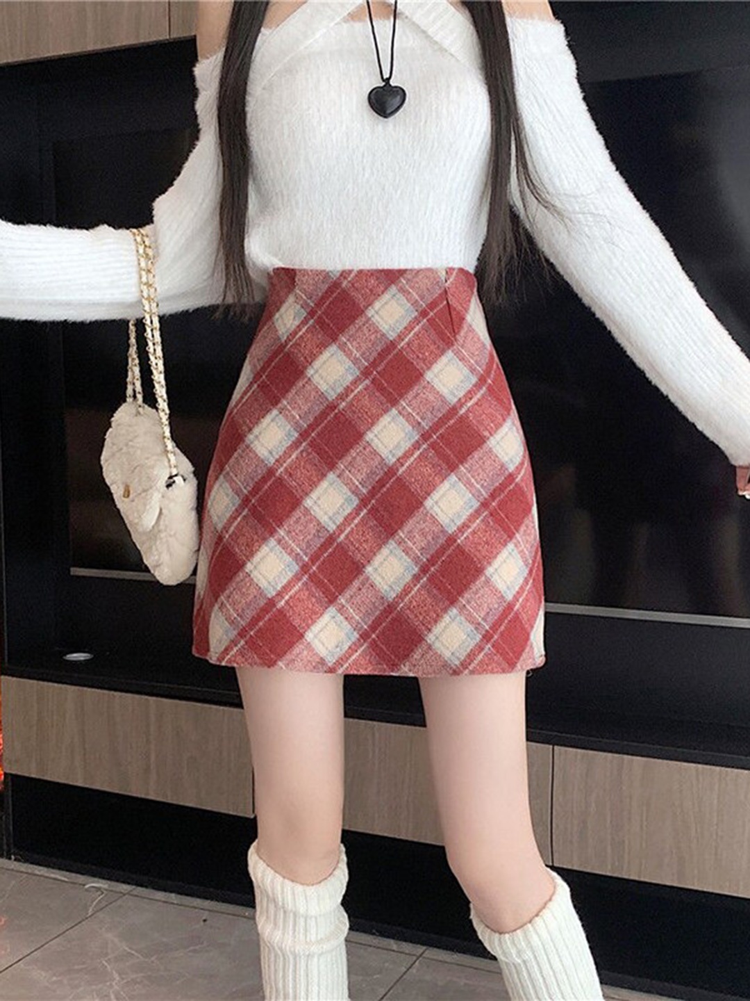 

StyleCast Red & Grey Checked Pencil Skirt