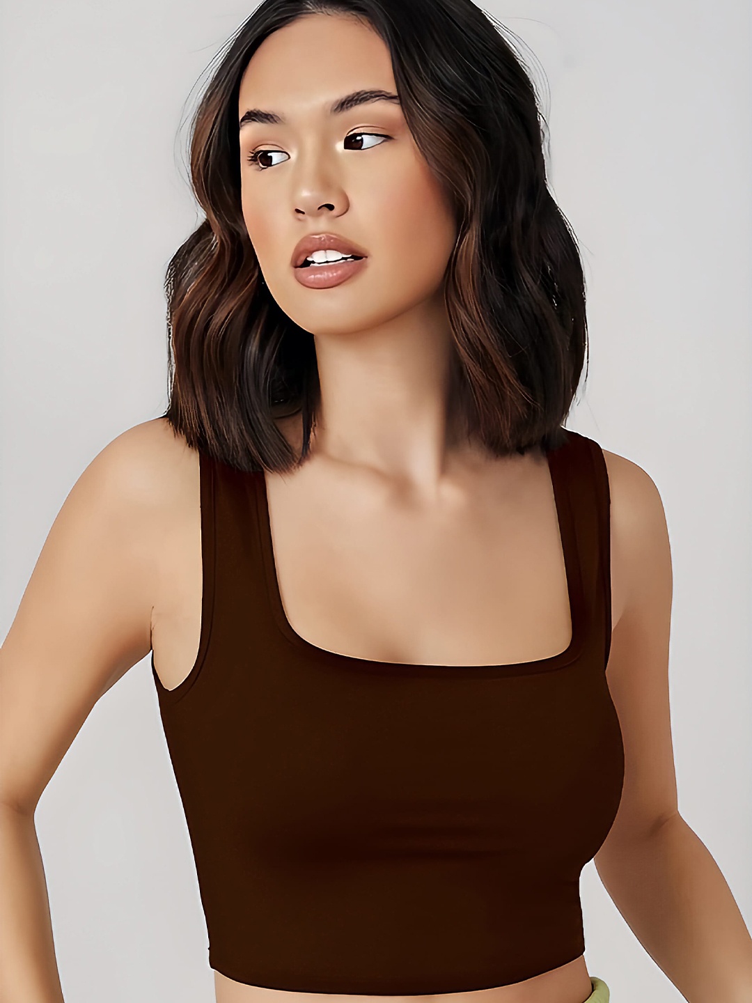 

BAESD Square Neck Sleeveless Cotton Fitted Crop Top, Coffee brown