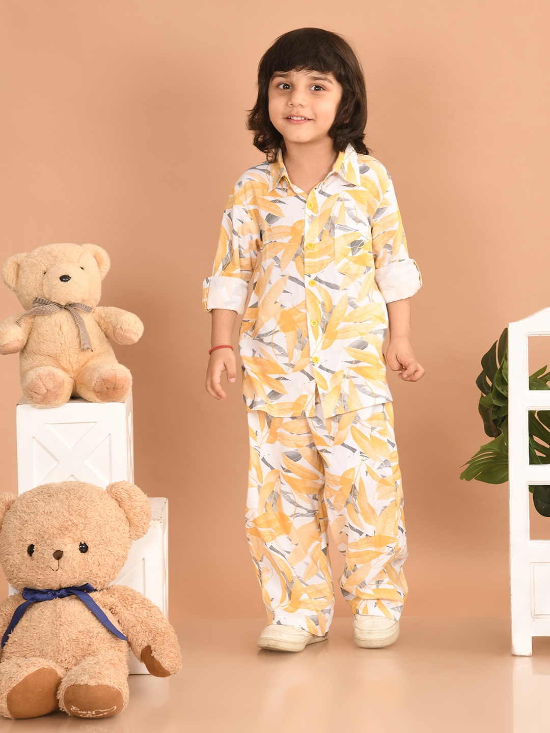 

Superminis Boys Printed Shirt Collar Shirt with Trouser, Yellow