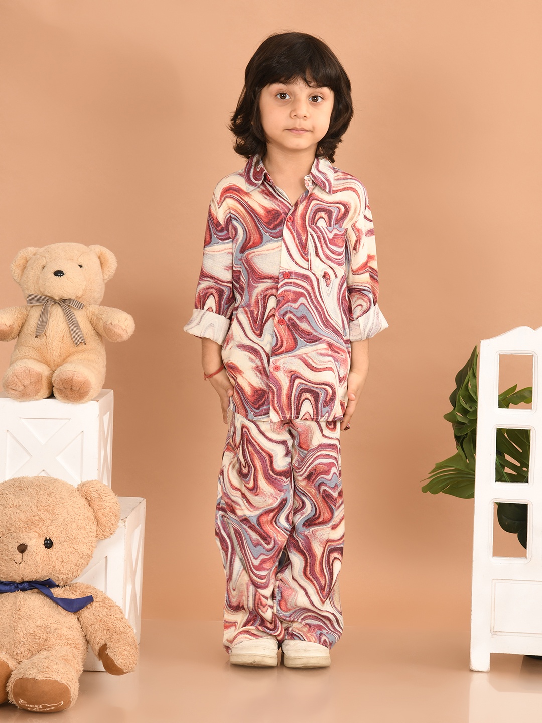

Superminis Boys Printed Shirt Collar Shirt with Trouser, Maroon