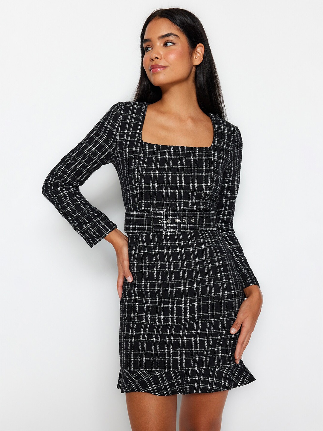 

Trendyol Checked Printed Square Neck Fit & Flare Dress, Black
