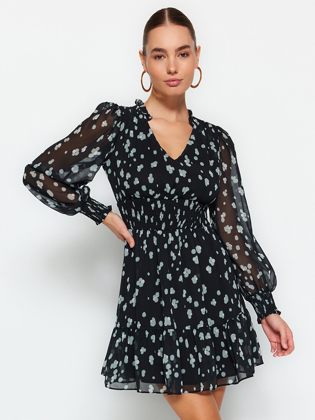

Trendyol V Neck Floral Print Puff Sleeve Fit & Flare Dress, Na