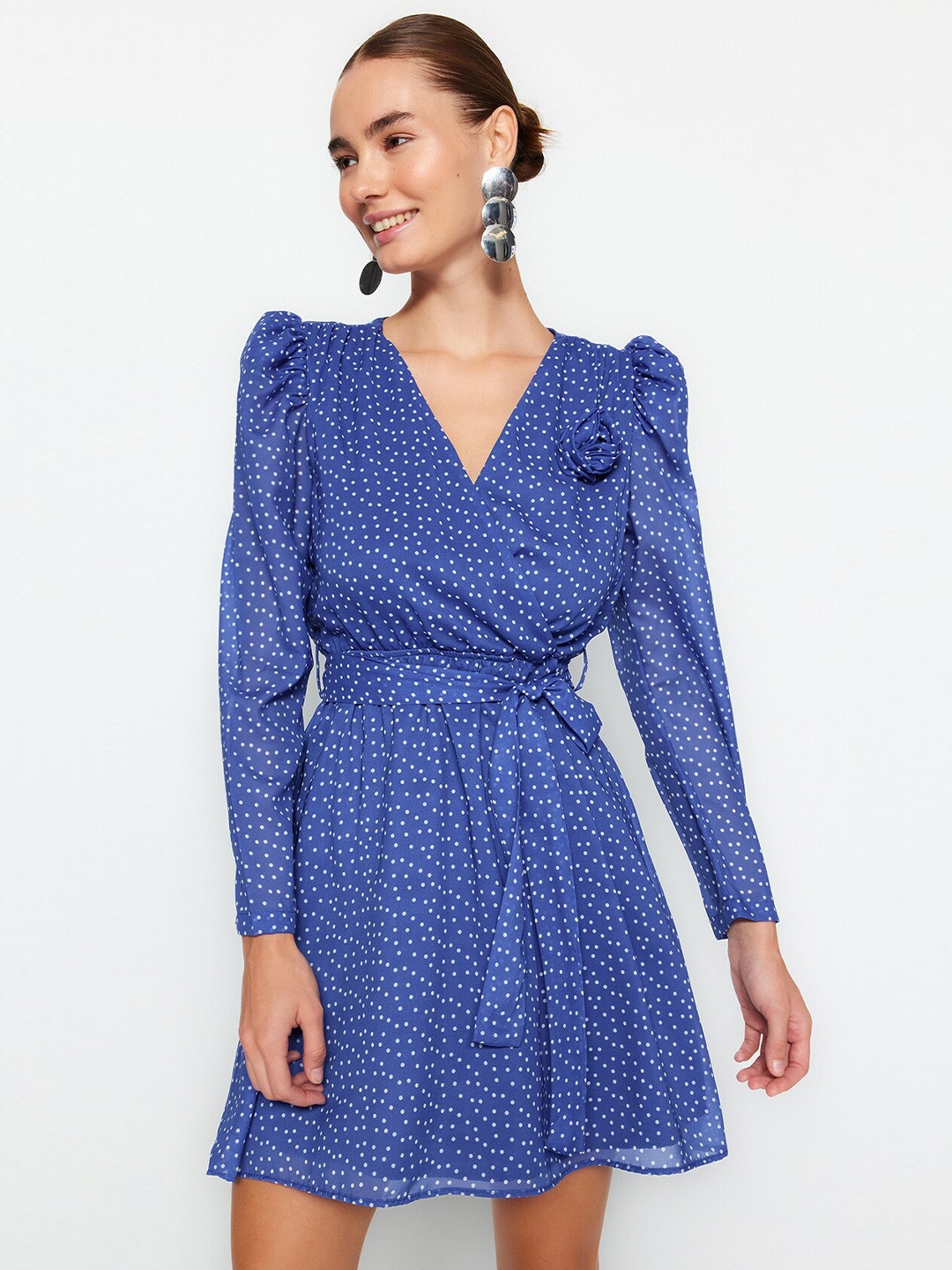 

Trendyol V Neck Long Puff Sleeve Polka Dots Wrap Dress, Na