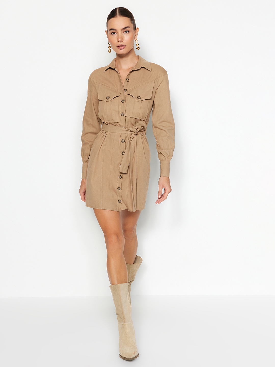 

Trendyol Belted Cotton Shirt Dress, Brown