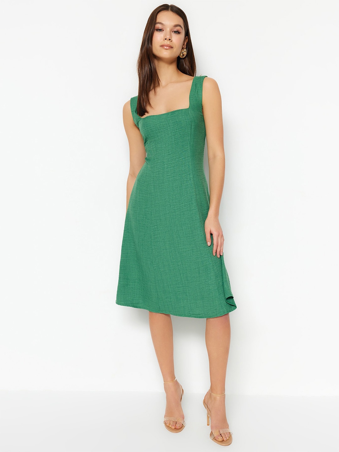 

Trendyol Square Neck Cotton A-Line Dress, Green