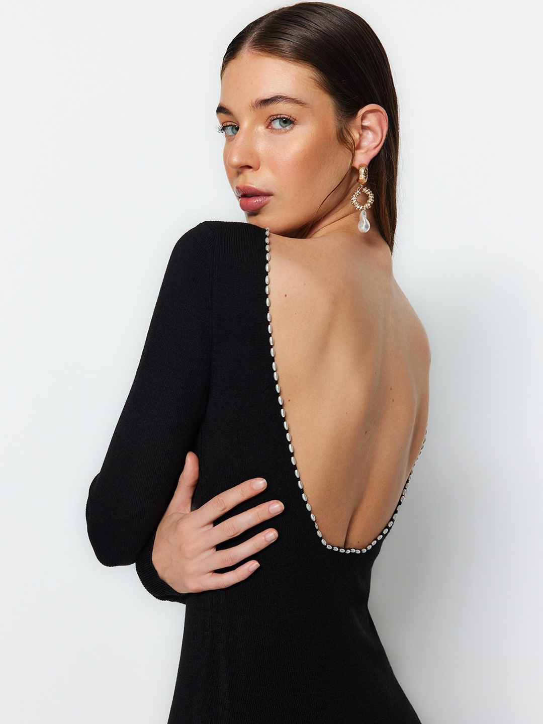 

Trendyol Boat Neck Embellished Acrylic Mini Bodycon Dress, Black