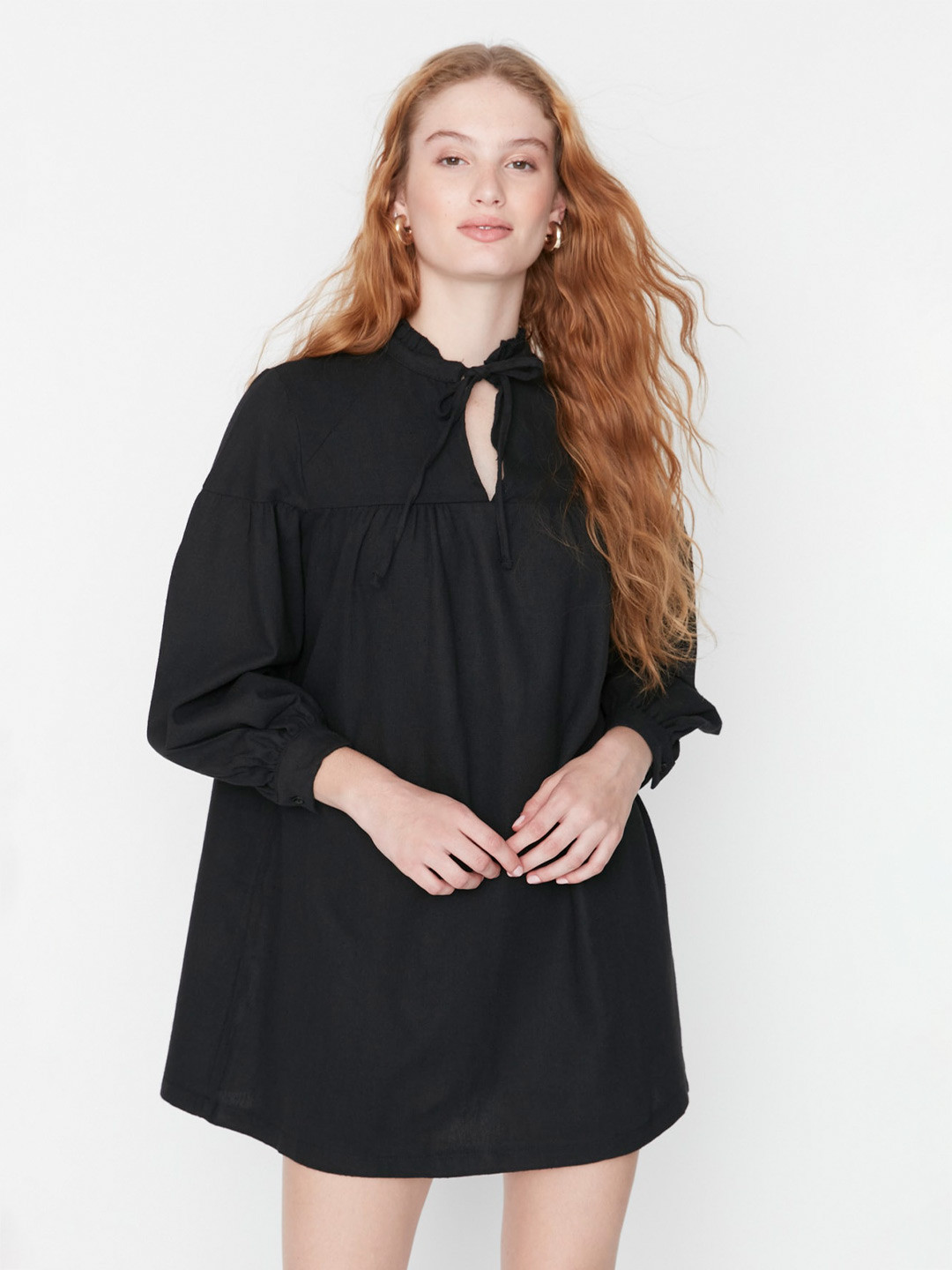 

Trendyol Tie-Up Neck Long Sleeves A-Line Mini Dress, Na