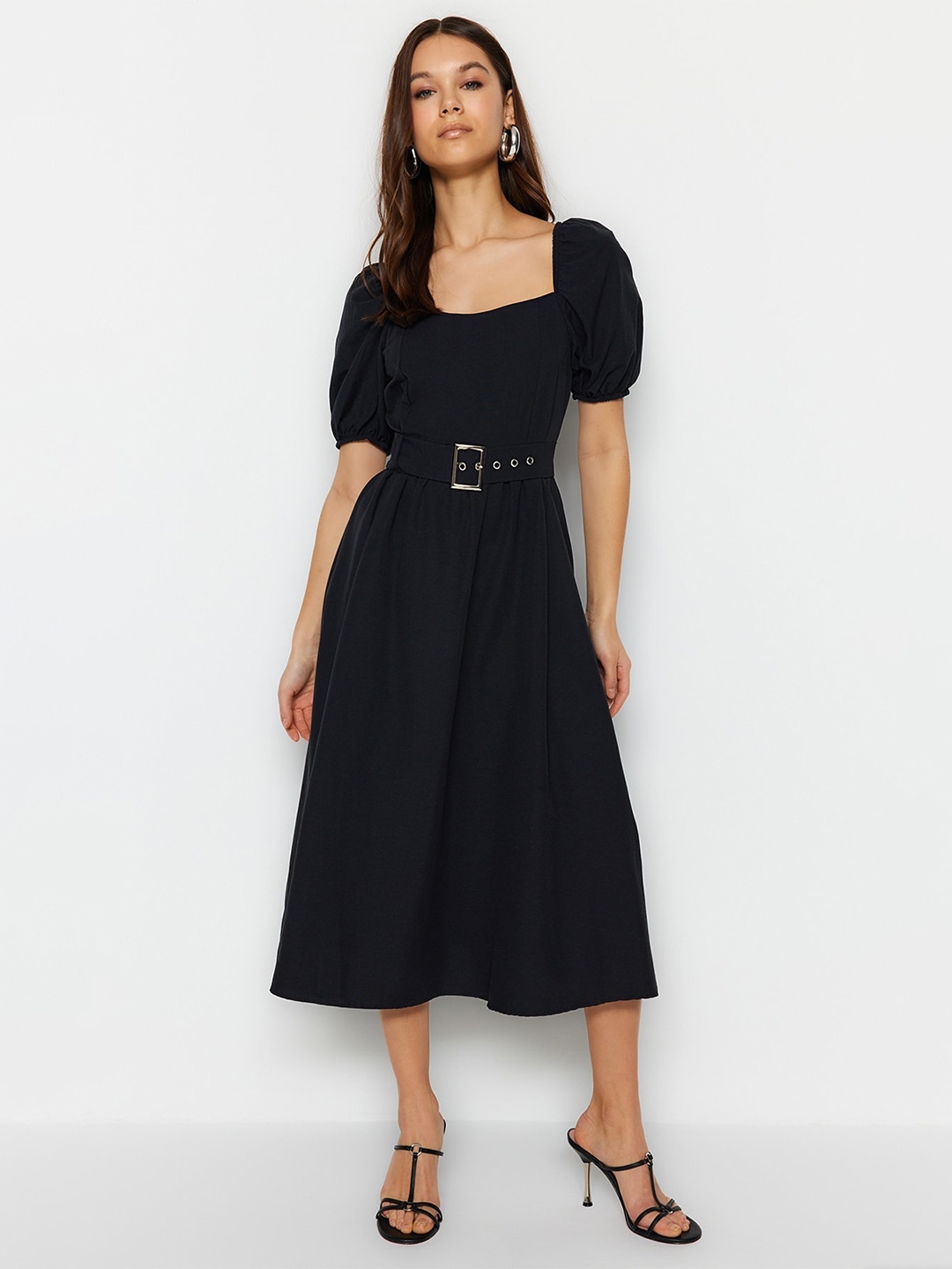 

Trendyol Square Neck Puff Sleeve Fit & Flare Midi Dress, Black