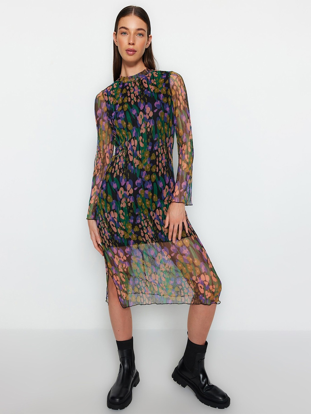 

Trendyol Floral Printed Semi Sheer Midi A-Line Dress, Black