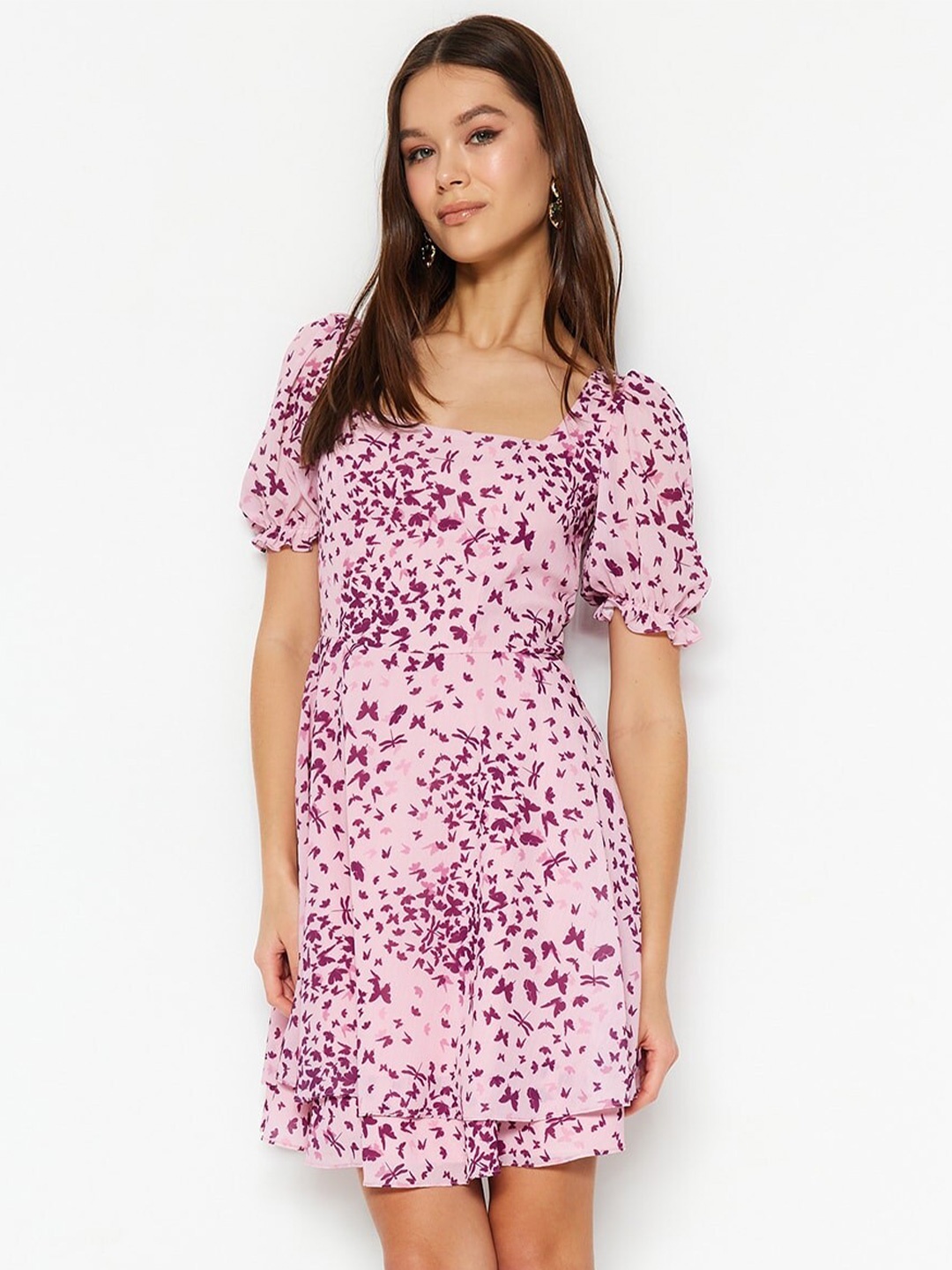 

Trendyol Floral Printed Puff Sleeve Fit & Flare Dress, Pink