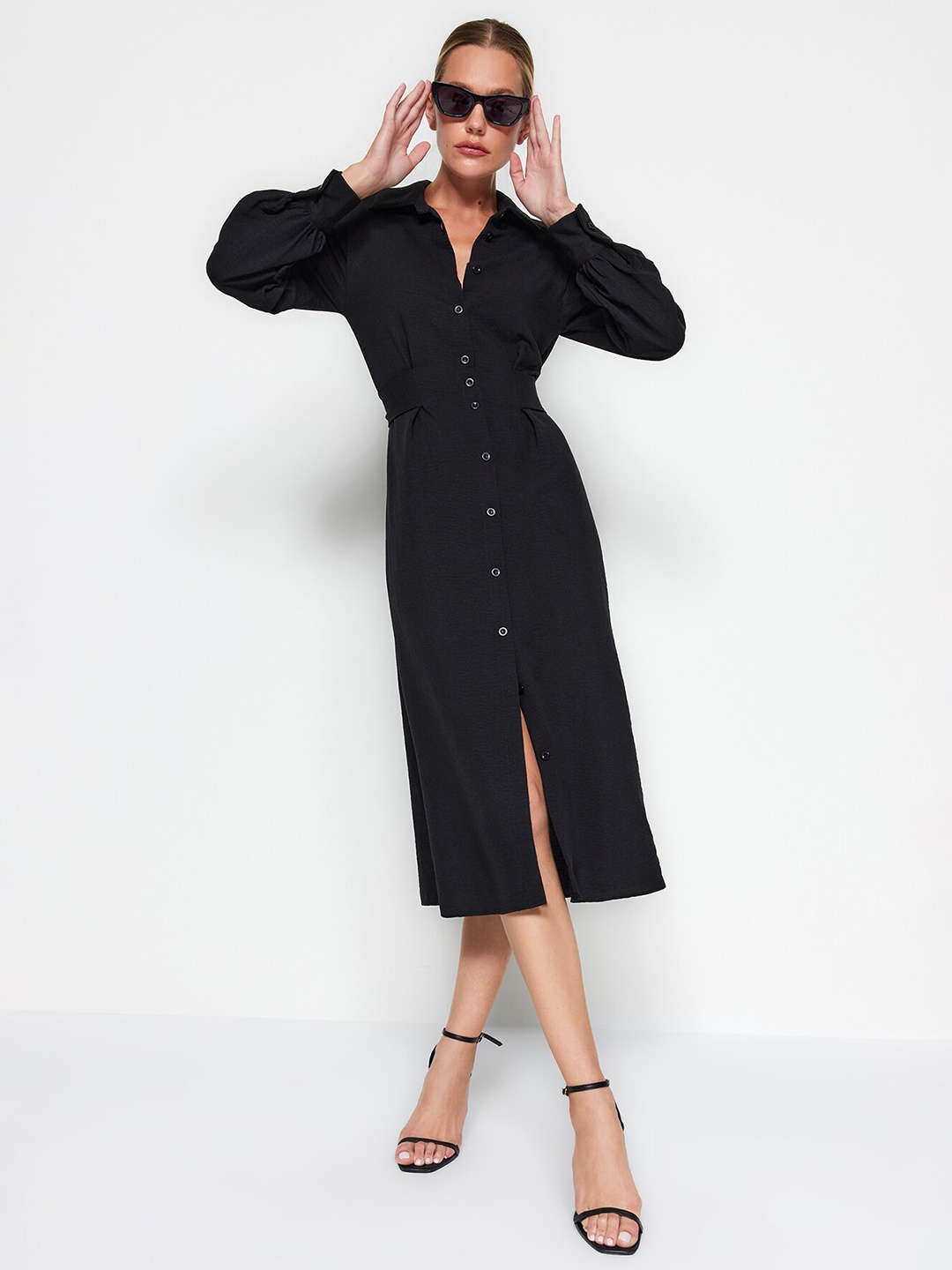 

Trendyol Spread Collar Long Puff Sleeves Midi Shirt Dress, Black