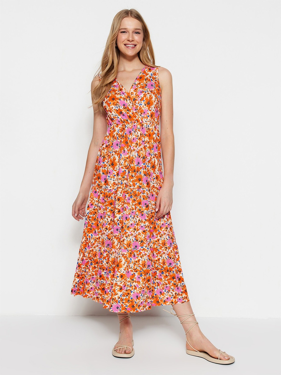 

Trendyol Floral Printed V-Neck Maxi Dress, Orange