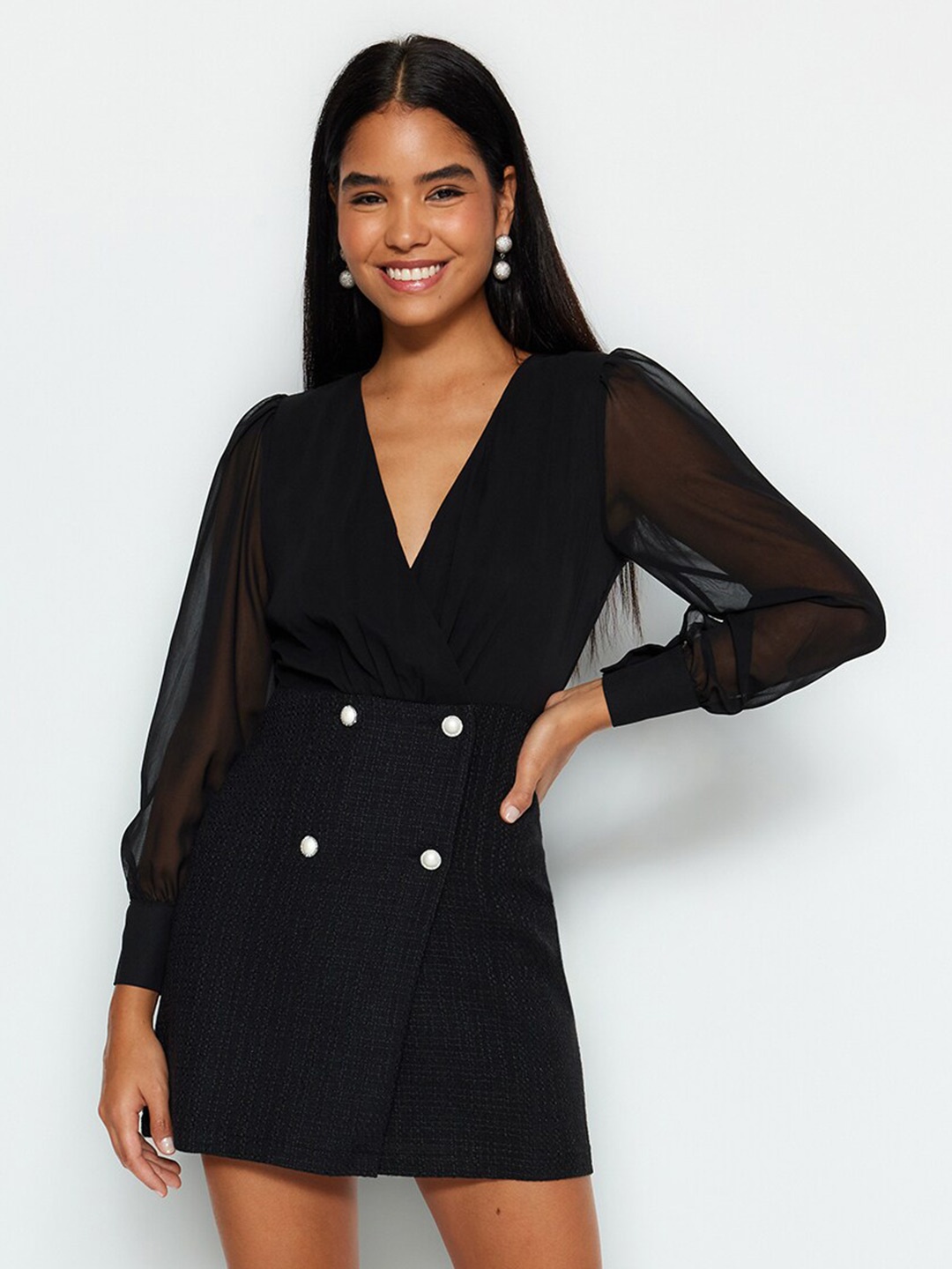 

Trendyol Puff Sleeve V-Neck Mini Wrap Dress, Black