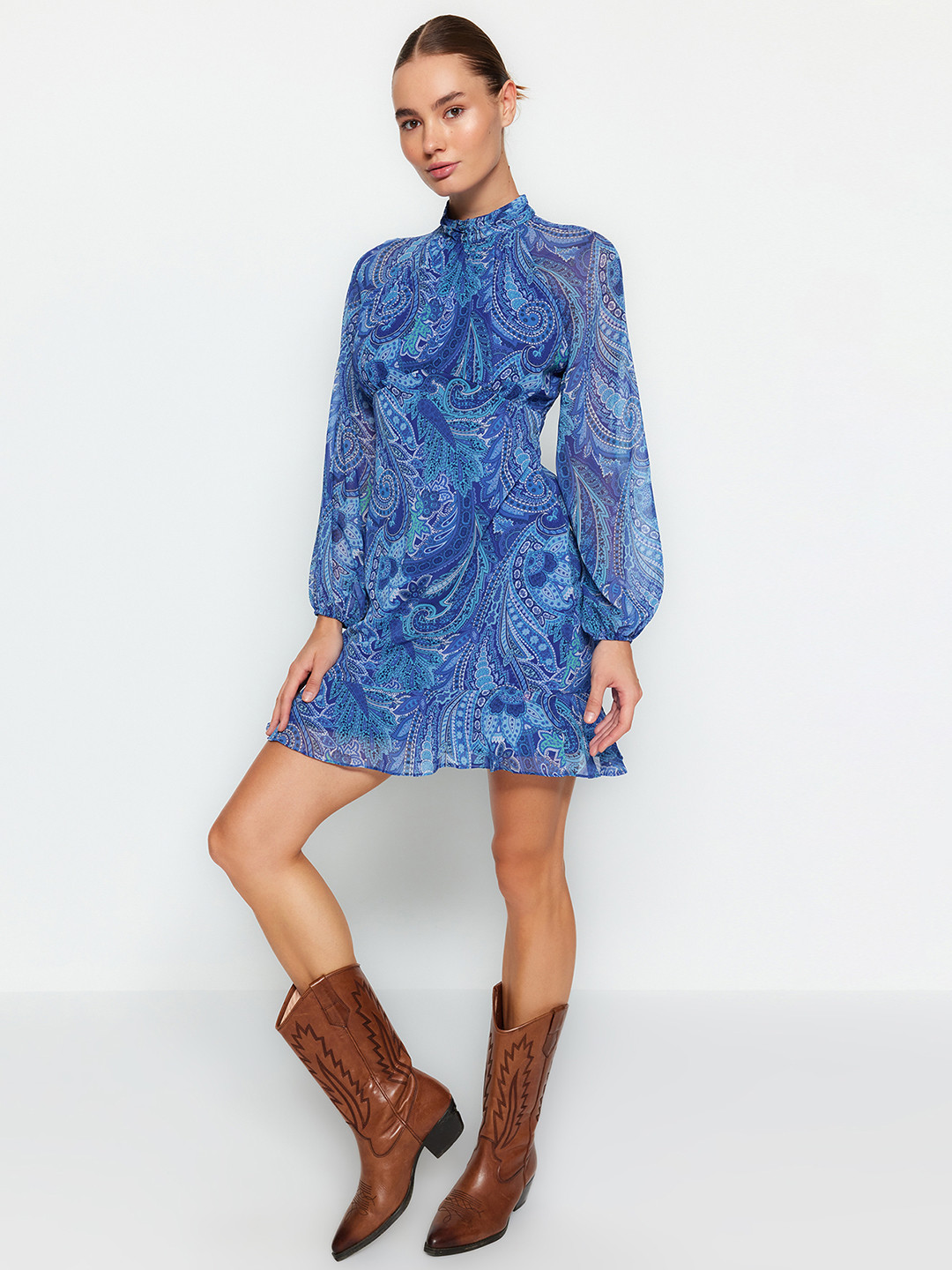 

Trendyol Floral Printed High Neck Puff Sleeve Mini A-Line Dress, Blue