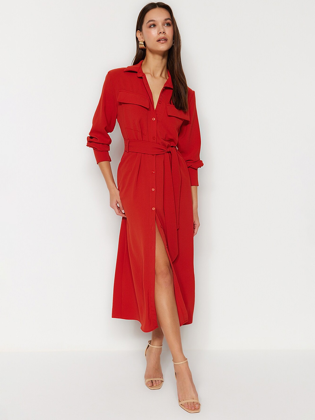 

Trendyol Cuffed Sleeves Shirt Midi Dress, Red