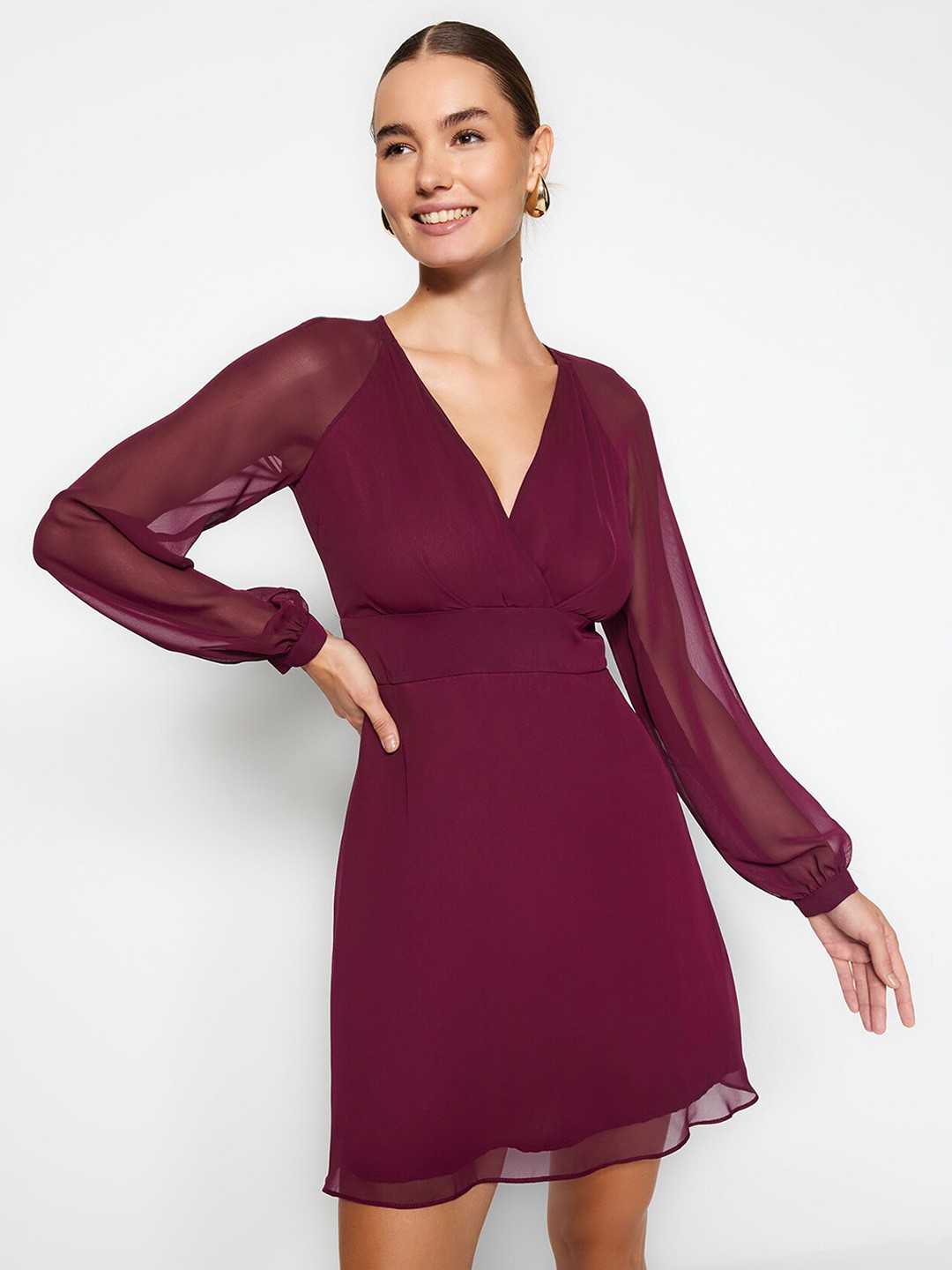 

Trendyol V-Neck Long Sleeves Mini Wrap Dress, Na