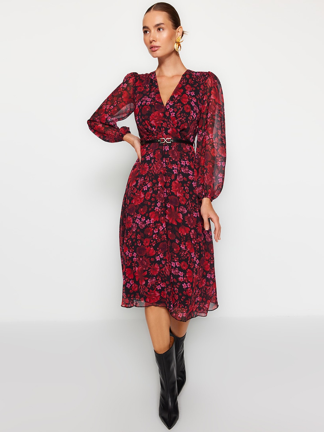 

Trendyol Floral Printed V-Neck Puff Sleeve Belted Fit & Flare Dress, Burgundy