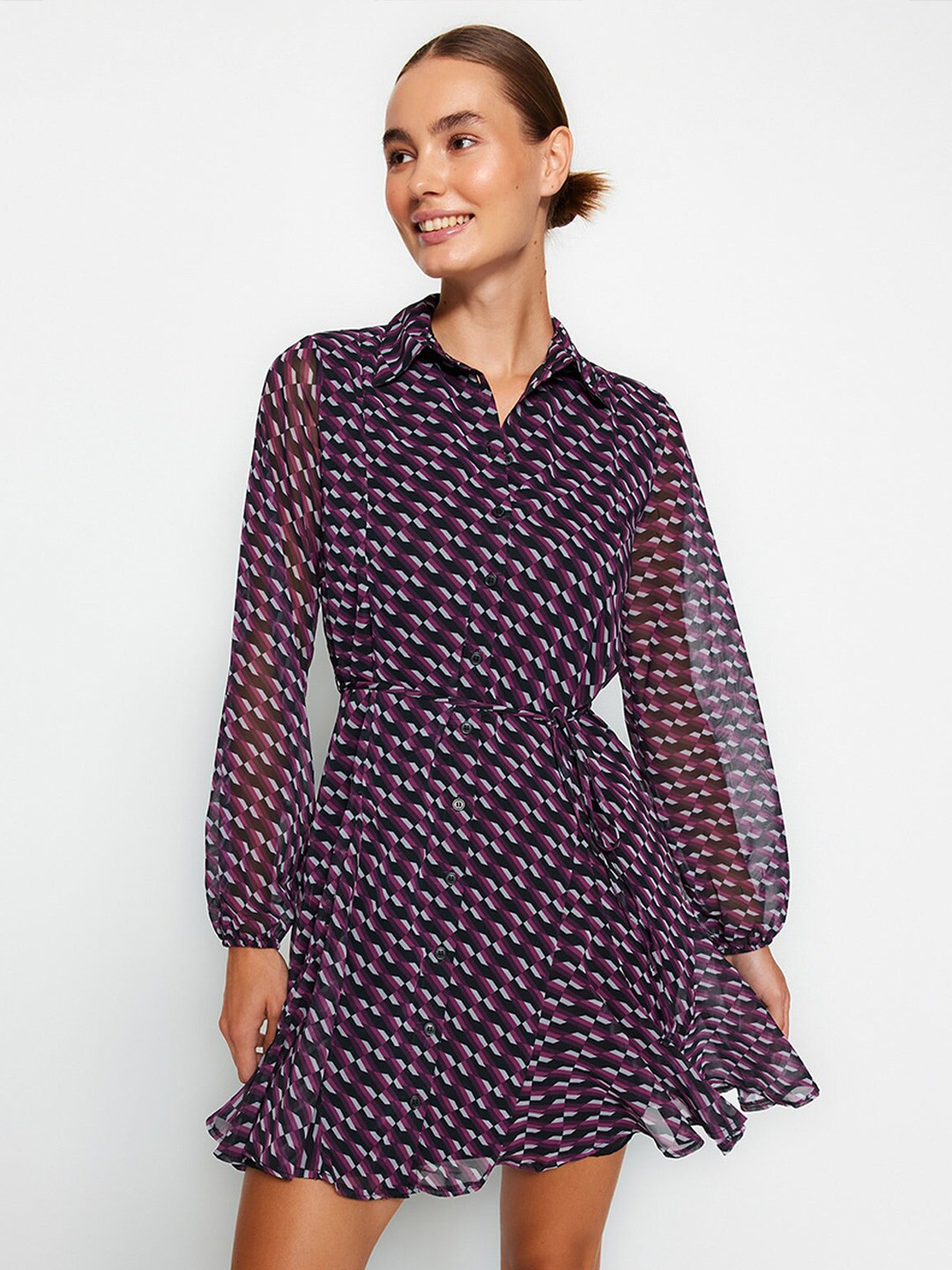

Trendyol Printed Shirt Collar Long Sleeves Fit & Flare Dress, Na