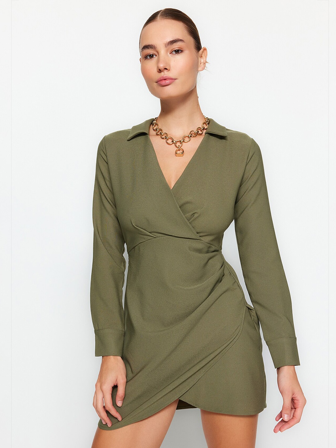 

Trendyol V-Neck Mini Wrap Dress, Khaki