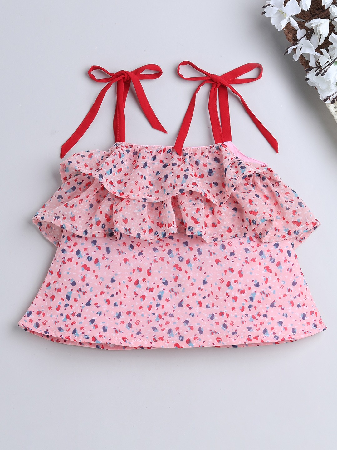 

MANY FROCKS & Shoulder Straps Floral Printed Georgette Tie Ups A Line Top, Pink