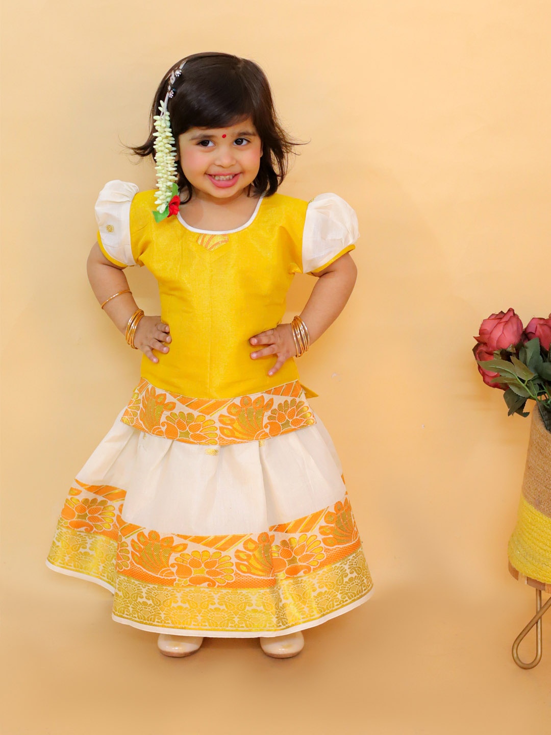

BAESD Girls Puff Sleeves Ready to Wear Lehenga & Choli, Yellow