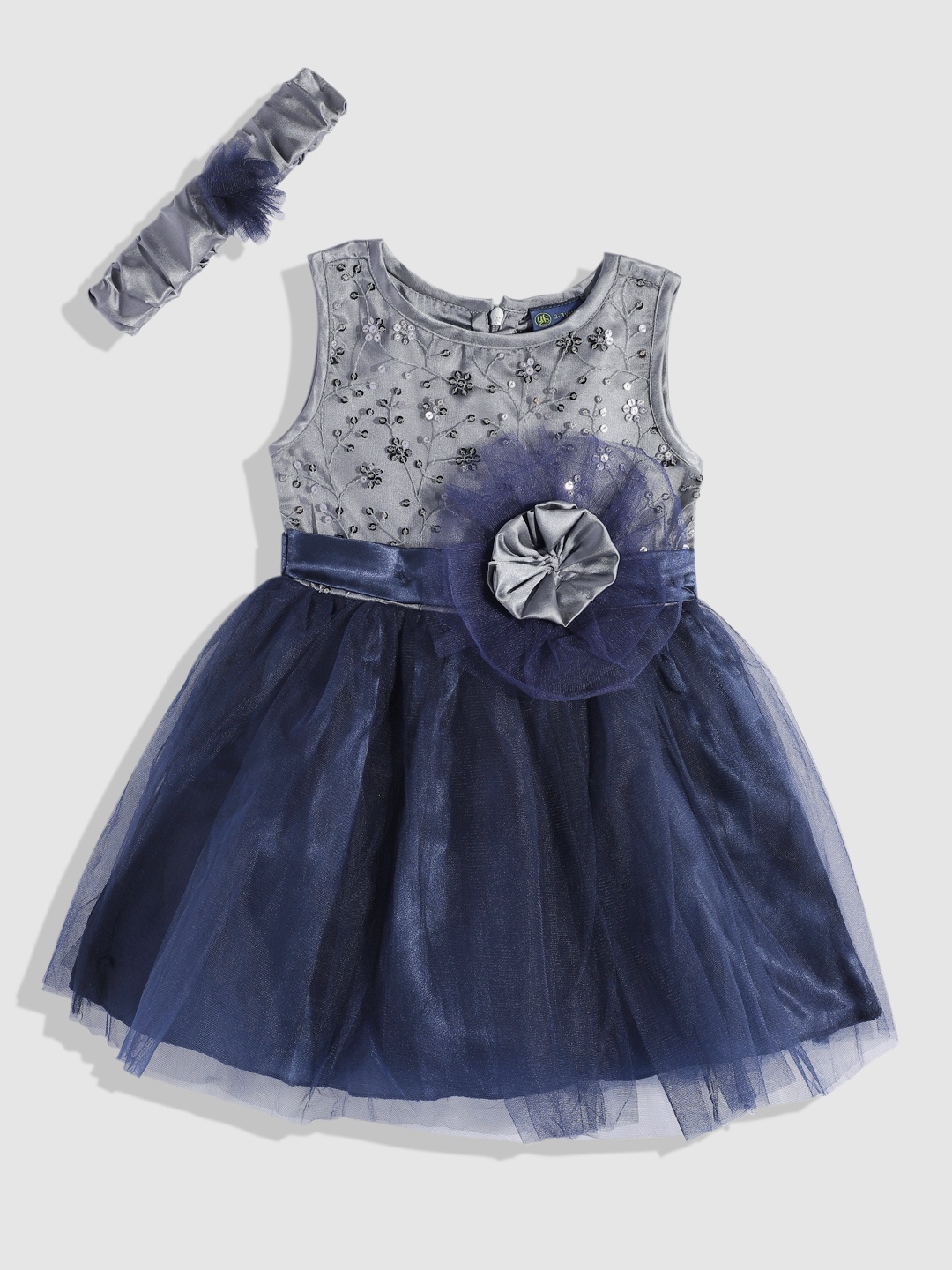 

YK Floral Ruffled Net Fit & Flare Dress with Hairband, Navy blue