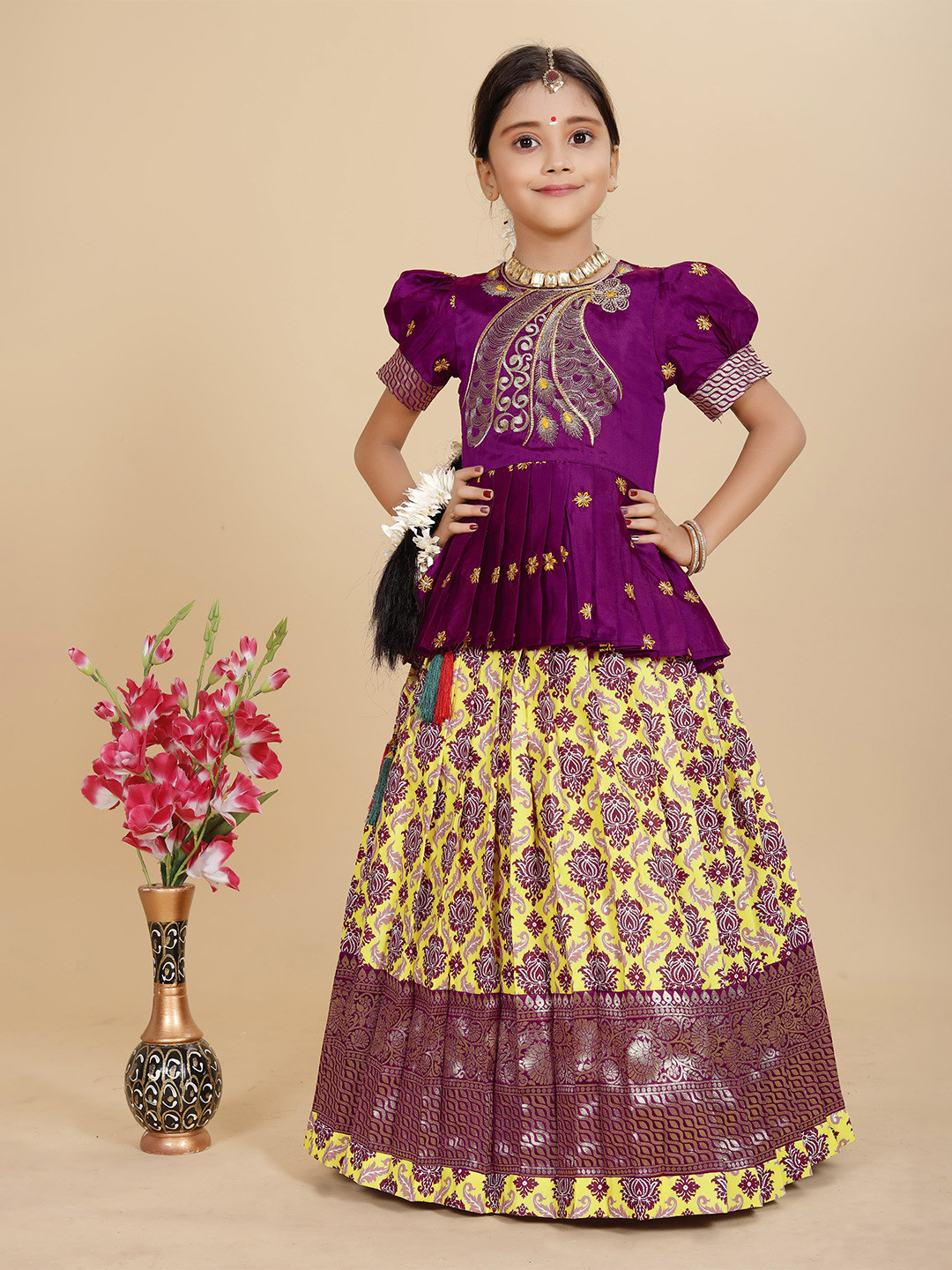 

BAESD Girls Embroidered Thread Work Detailed Jacquard Silk Ready to Wear Lehenga Choli, Purple