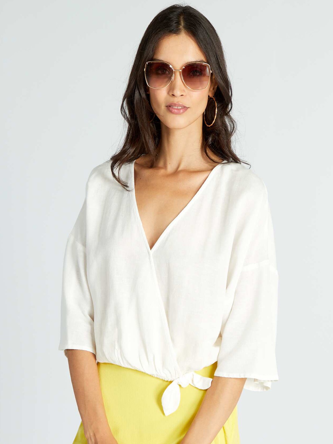 

KIABI Flared Sleeves Cotton Wrap Crop Top, White