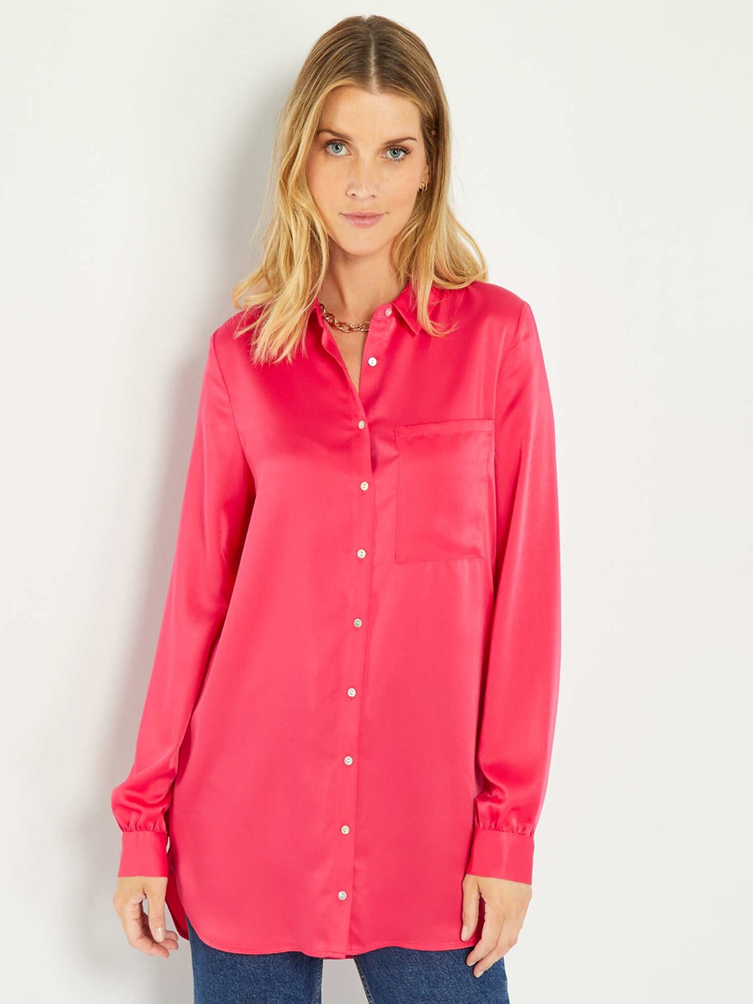 

KIABI Spread Collar Long Sleeves Opaque Casual Shirt, Pink