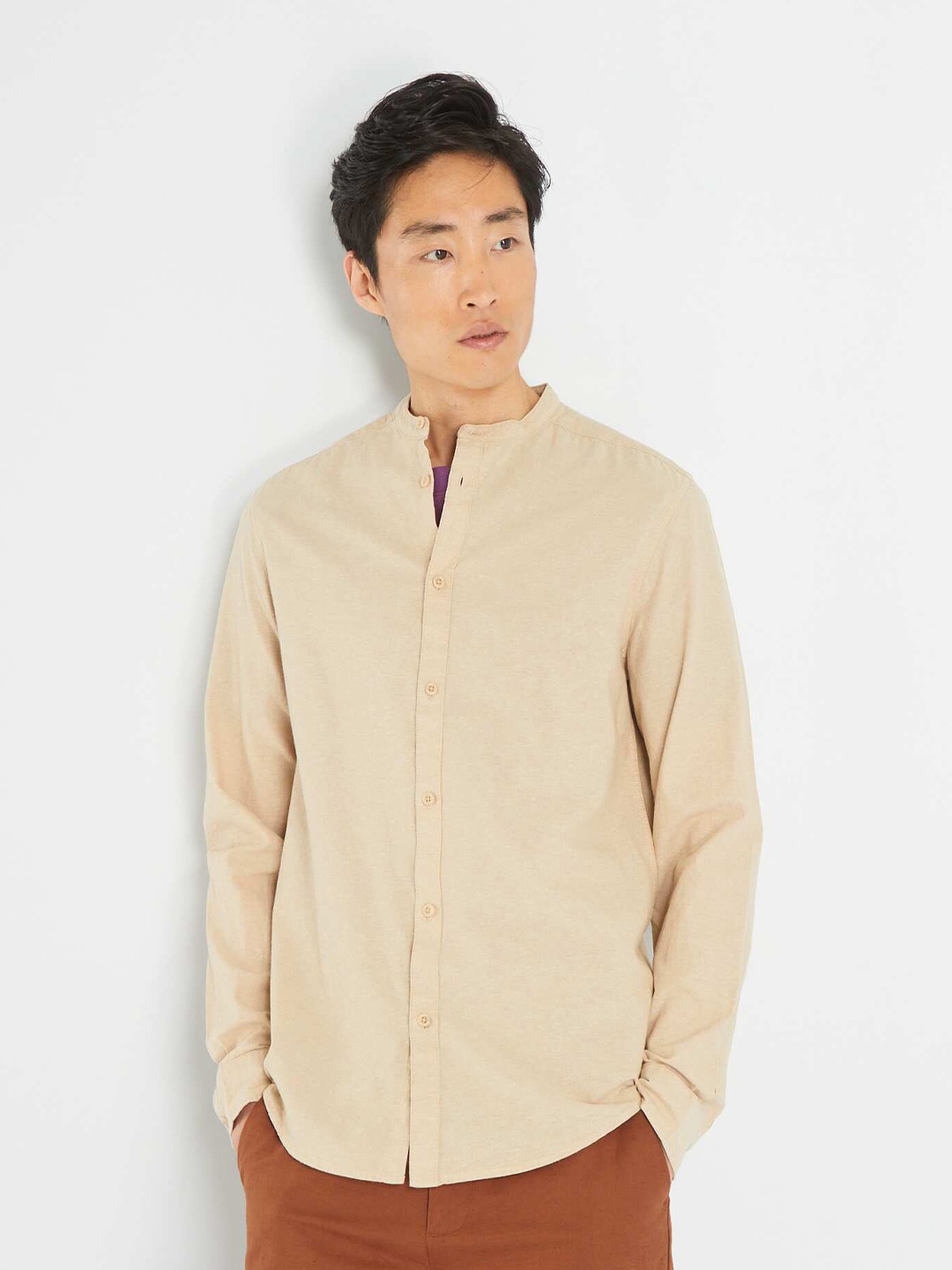 

KIABI Mandarin Collar Cotton Opaque Casual Shirt, Beige