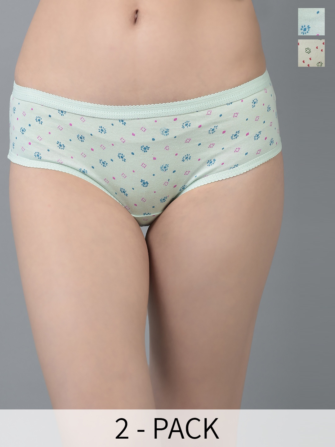 

Dollar Missy Pack of 2 Combed Cotton Light Printed Outer Elasticated Hipster Panty, Assorted