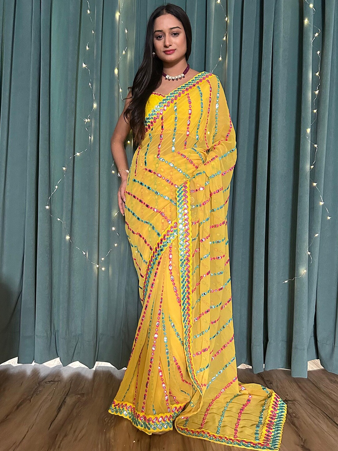 

ODETTE Striped Embroidered Poly Georgette Ikat Saree, Yellow