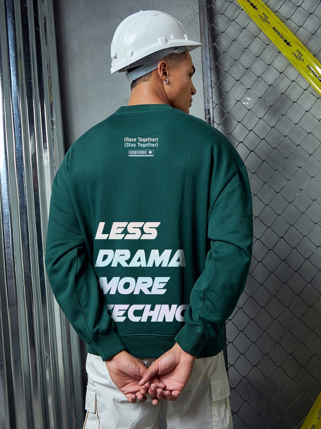 

Bewakoof Heavy Duty 1.0 Men Techno Rave Graphic Printed Oversized Sweatshirt, Green