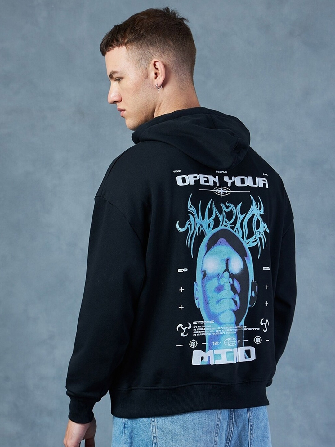 

Bewakoof AIR Graphic Printed Hooded Kangaroo Pockets Pullover Sweatshirt, Black