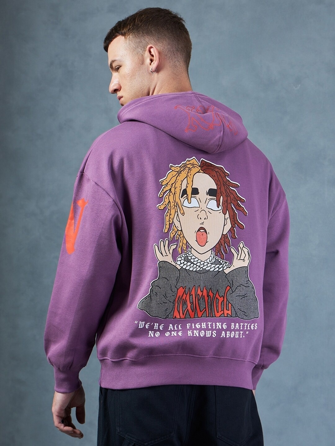 

Bewakoof AIR Graphic Printed Fleece Hooded Sweatshirt, Purple