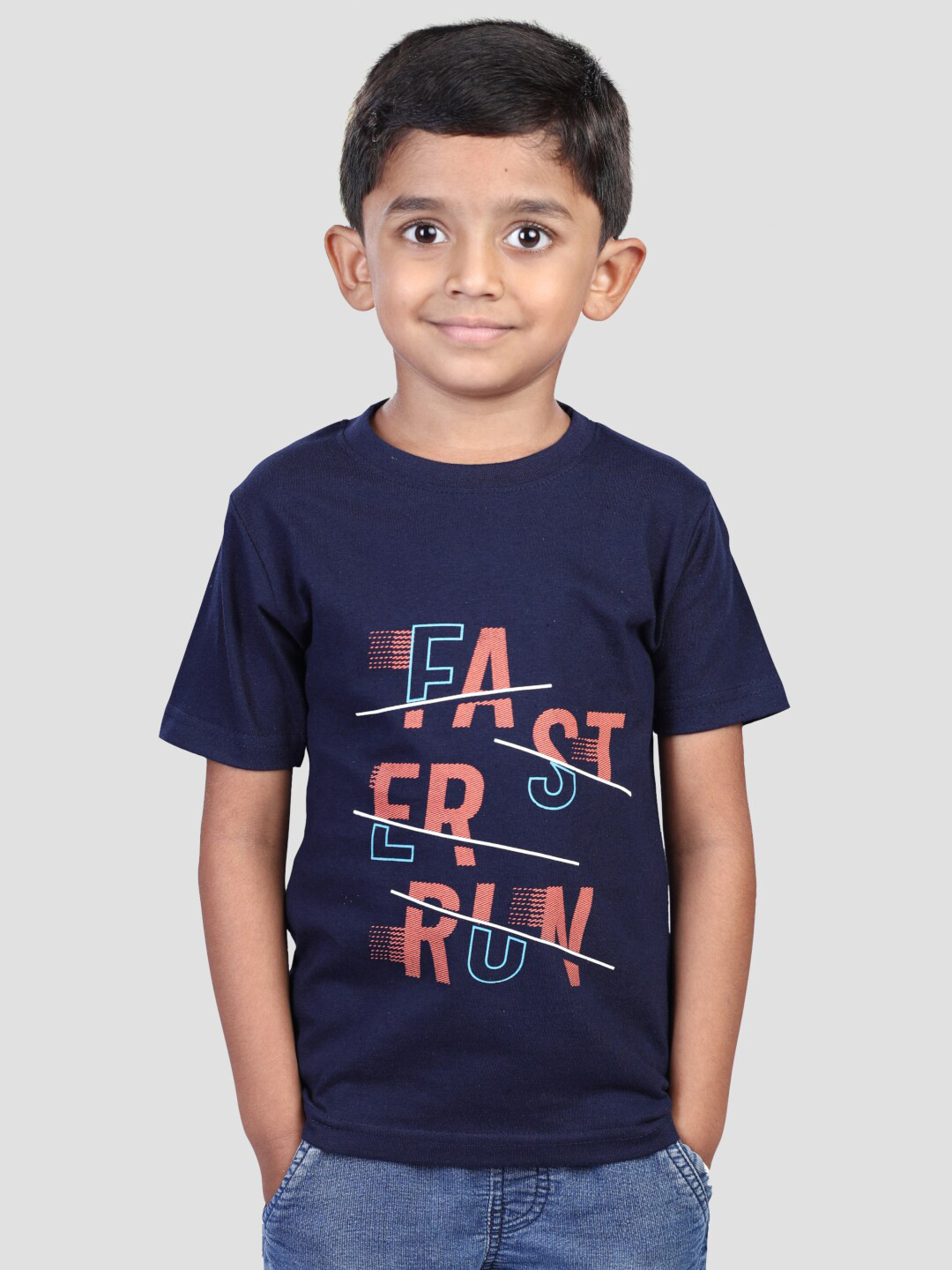 

BAESD Boys Typography Applique Round Neck Short Sleeves Cotton T-shirt, Navy blue