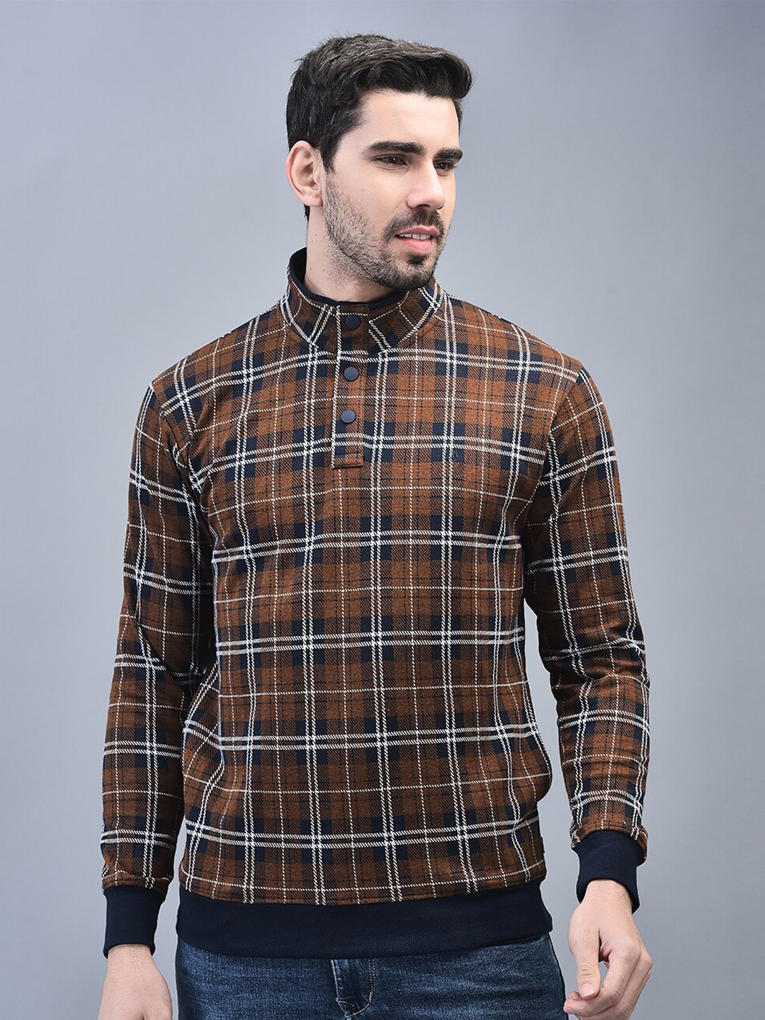 

CANOE Front-Open Checked Printed Ribbed Cotton Casual Sweatshirt, Brown