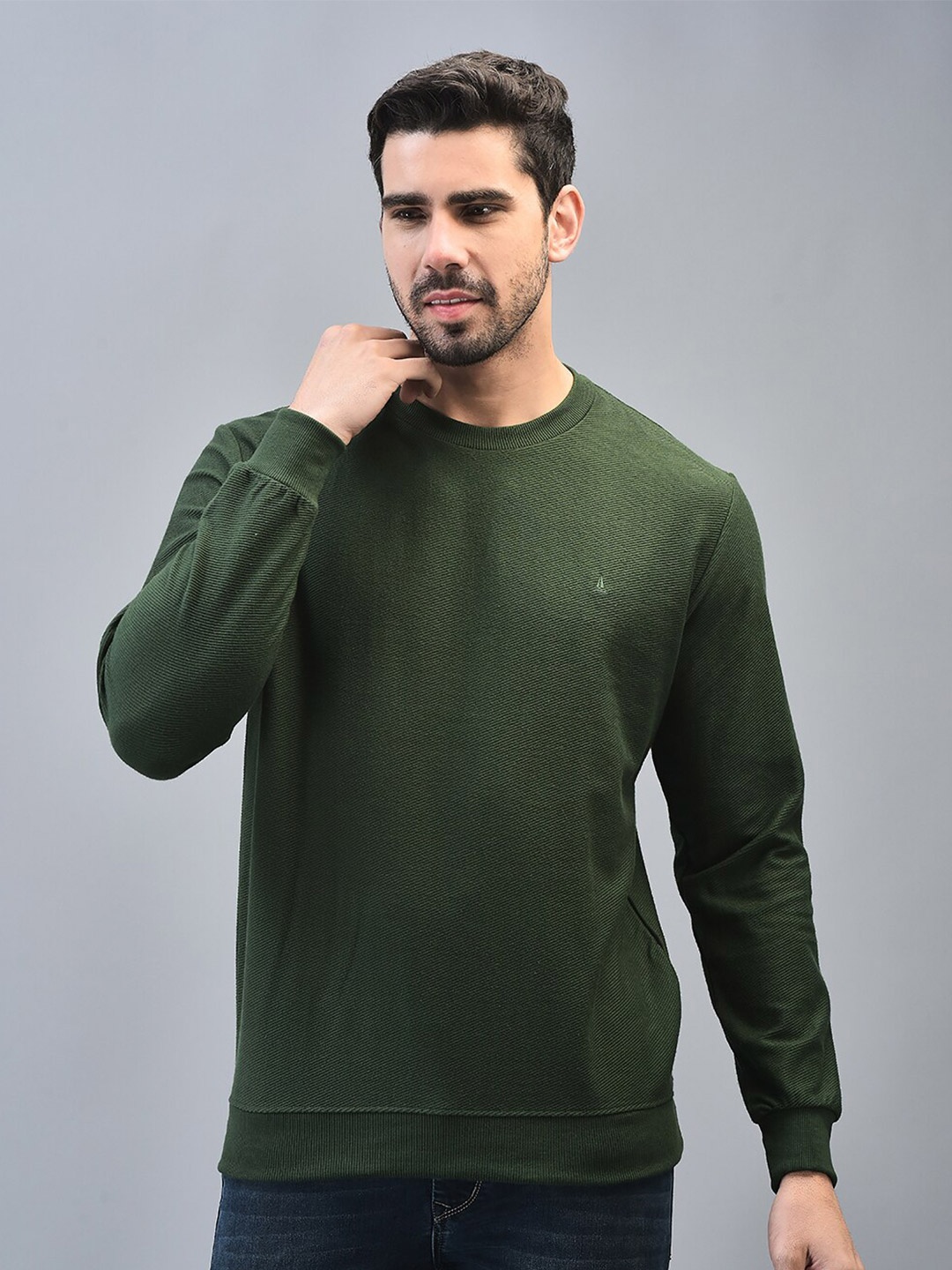 

CANOE Round Neck Pullover Ribbed Cotton Casual Sweatshirt, Green