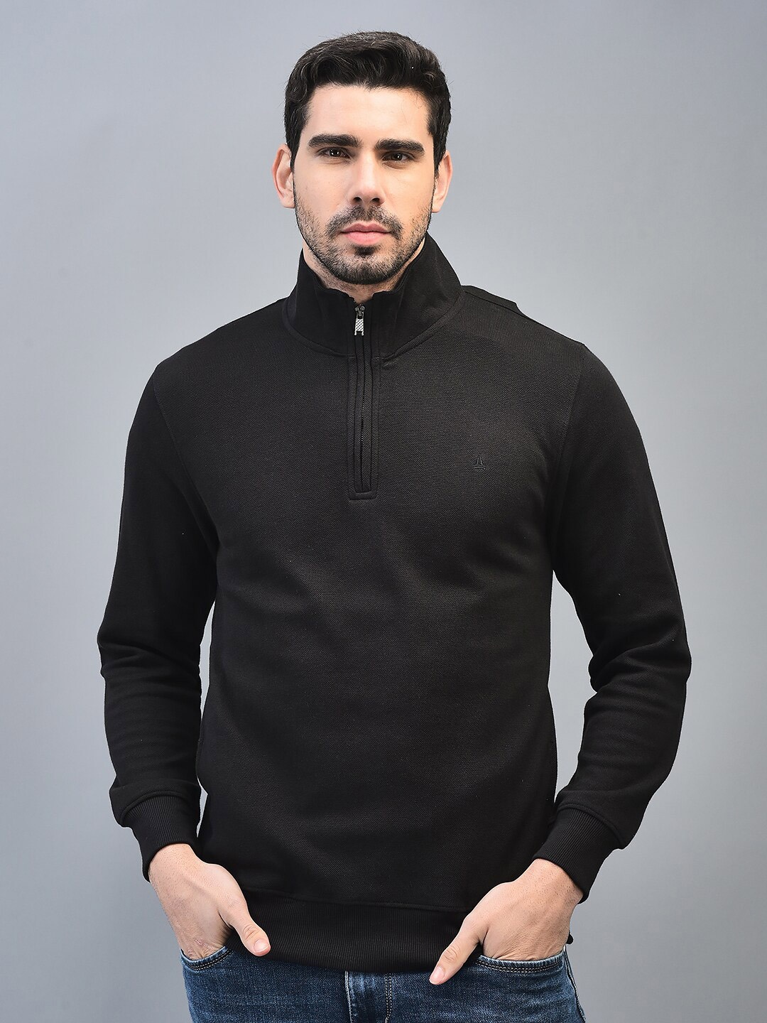 

CANOE Mock Collar Pullover Ribbed Cotton Casual Sweatshirt, Black