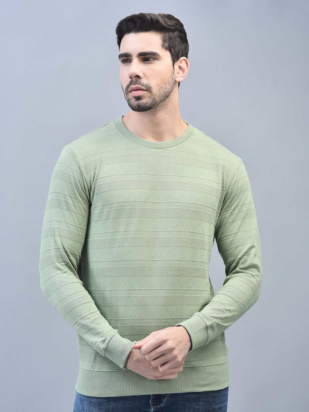 

CANOE Round Neck Pullover Ribbed Cotton Casual Sweatshirt, Olive