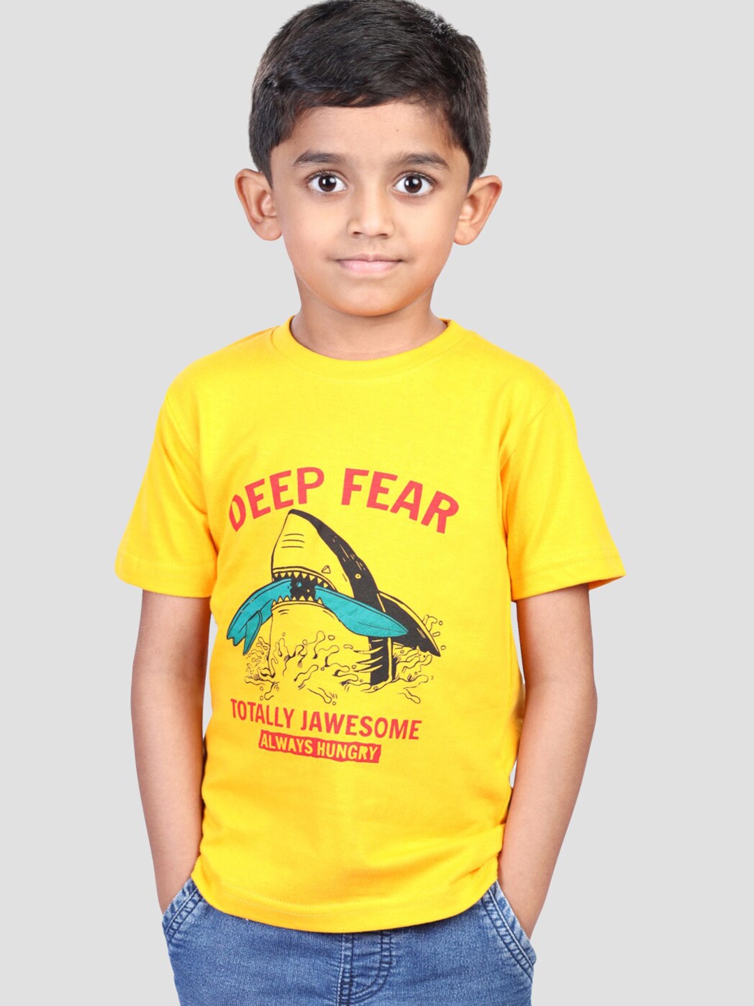 

BAESD Boys Printed Round Neck Half Sleeve Applique Cotton T-shirt, Yellow